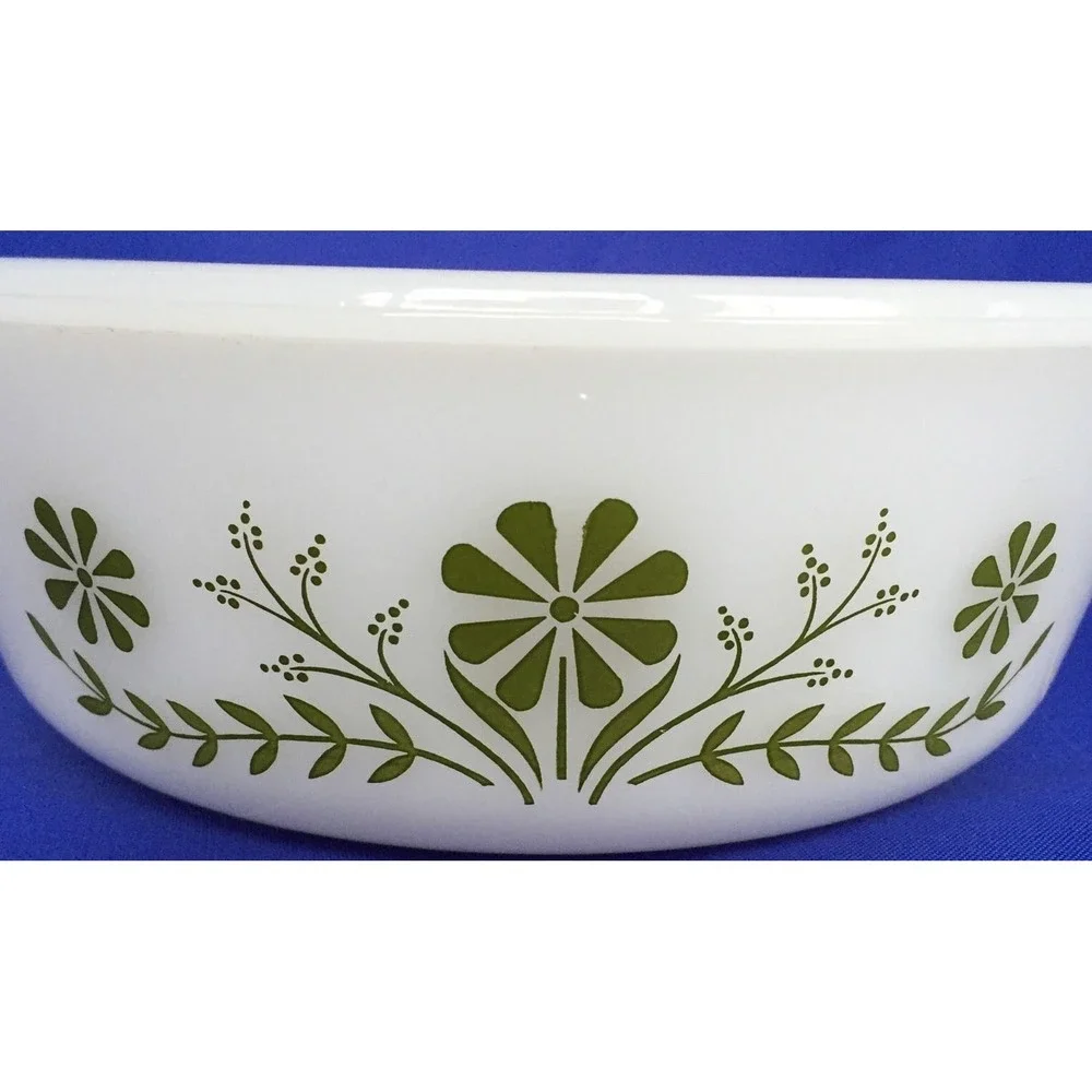 Glass Bake Casserole Dish Milk Glass White Green Daisy‎ Spring Blossom 1.5 QT